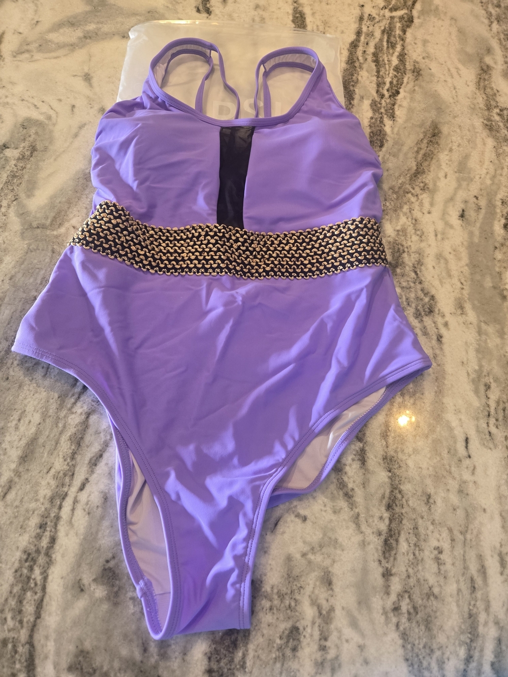 Cupshe Lavender One-Piece Swimsuit with Black Accent and Woven Waistband